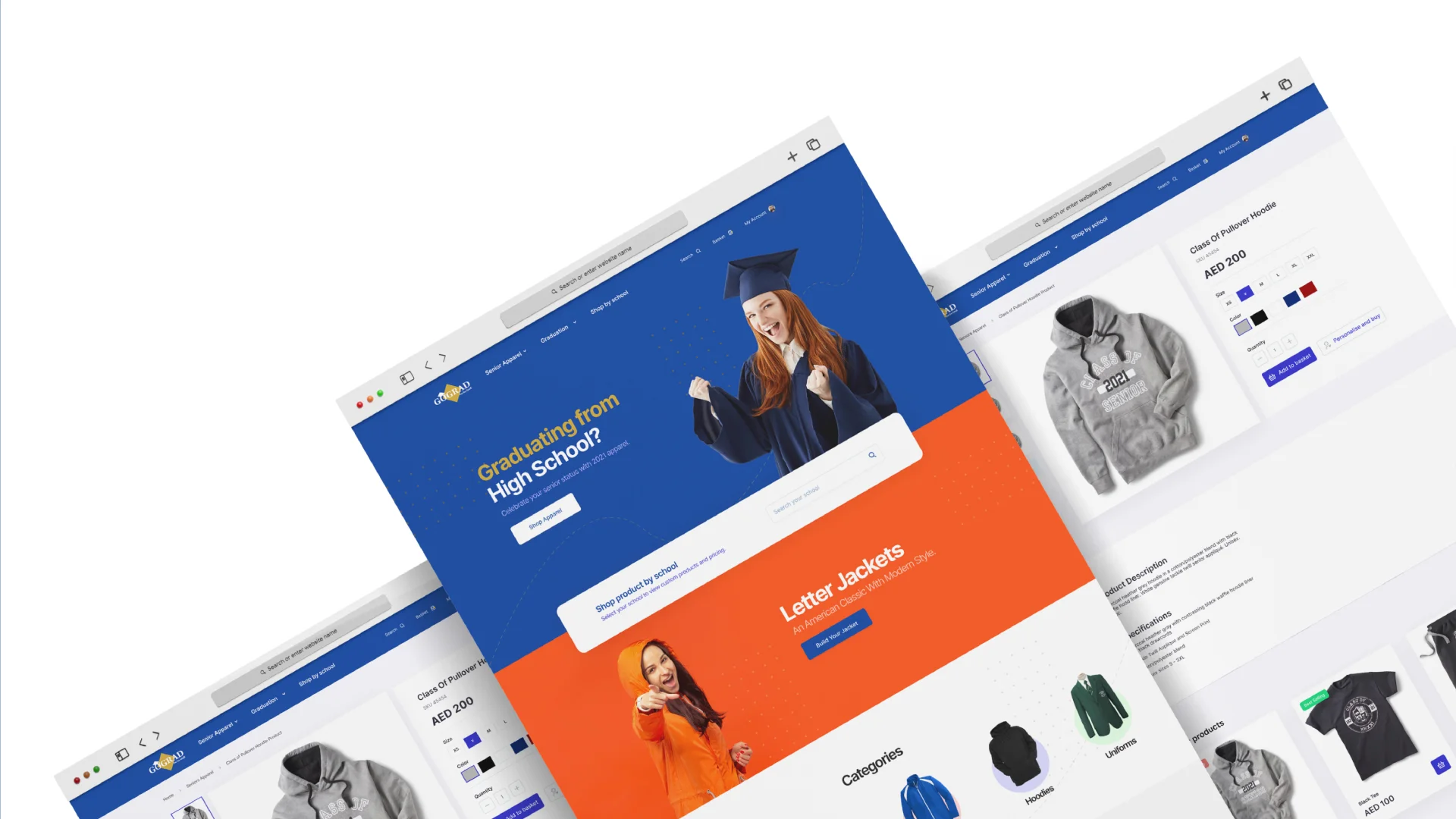 E-commerce homepage for graduation apparel with hero banner, student in cap and gown, and featured product sections.
