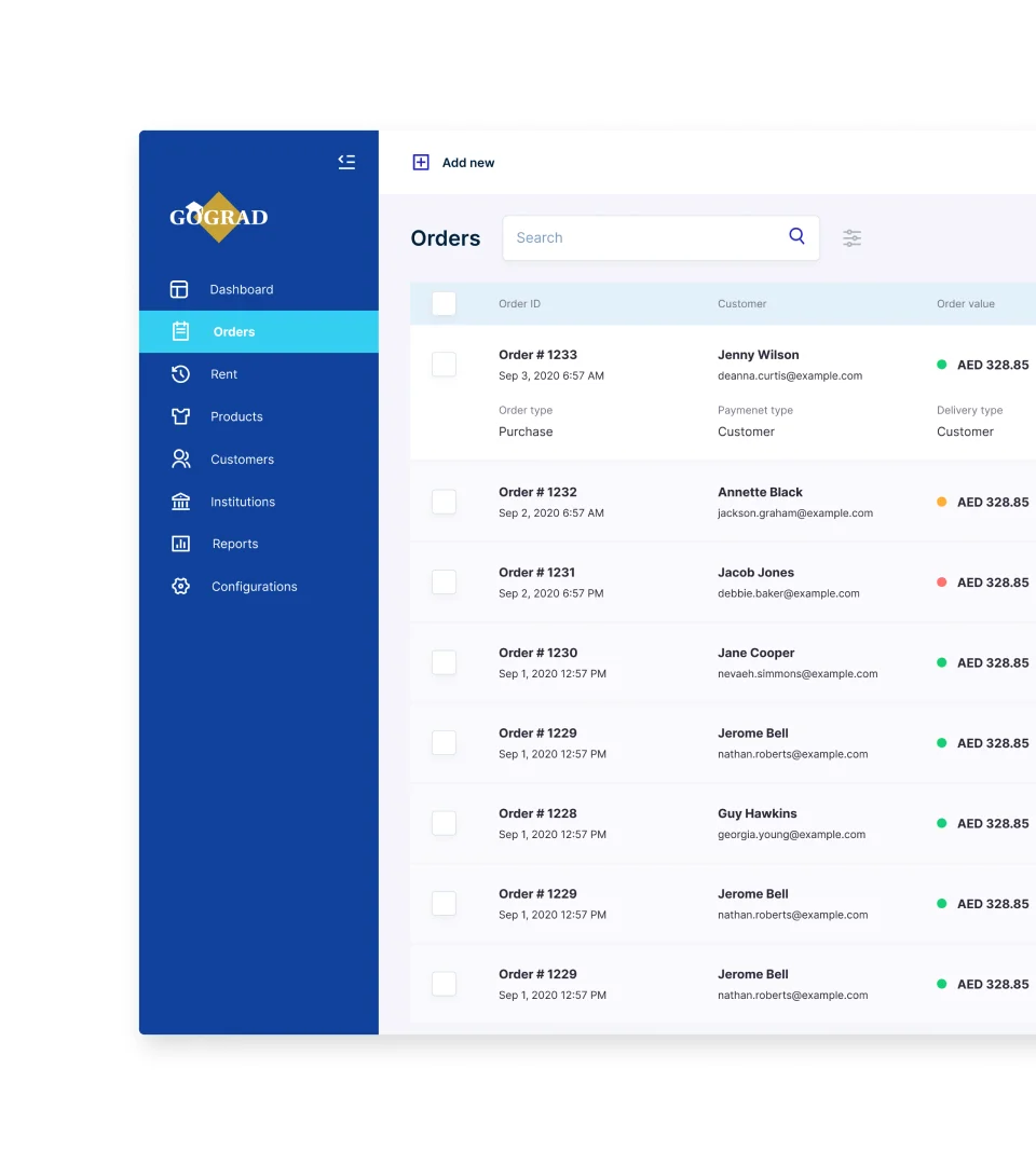 Admin panel showing order list with order IDs, customer names, dates, and order values.