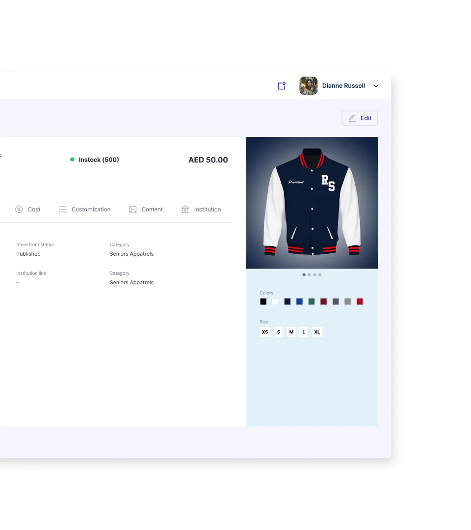 Product detail page showing varsity jacket with color options, size selection, and stock and price information.