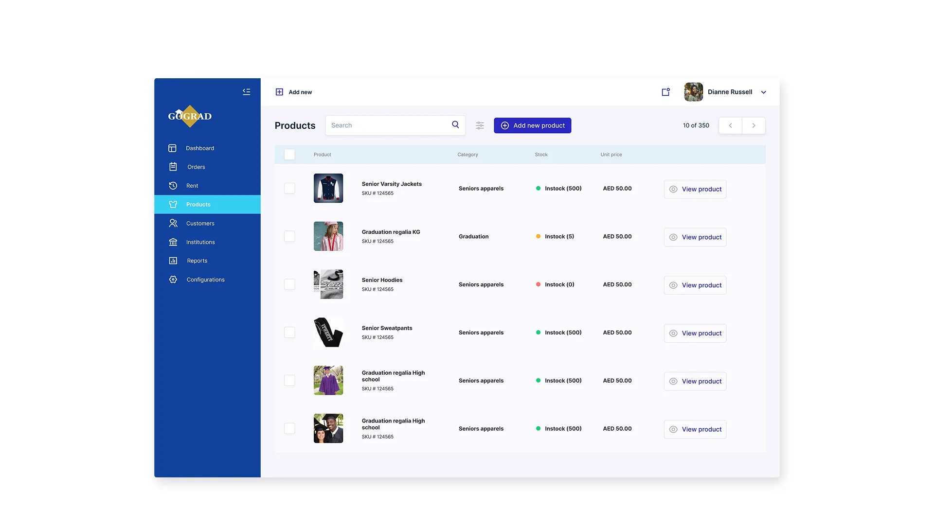 Admin product list view showing multiple graduation and senior apparel items with stock indicators.