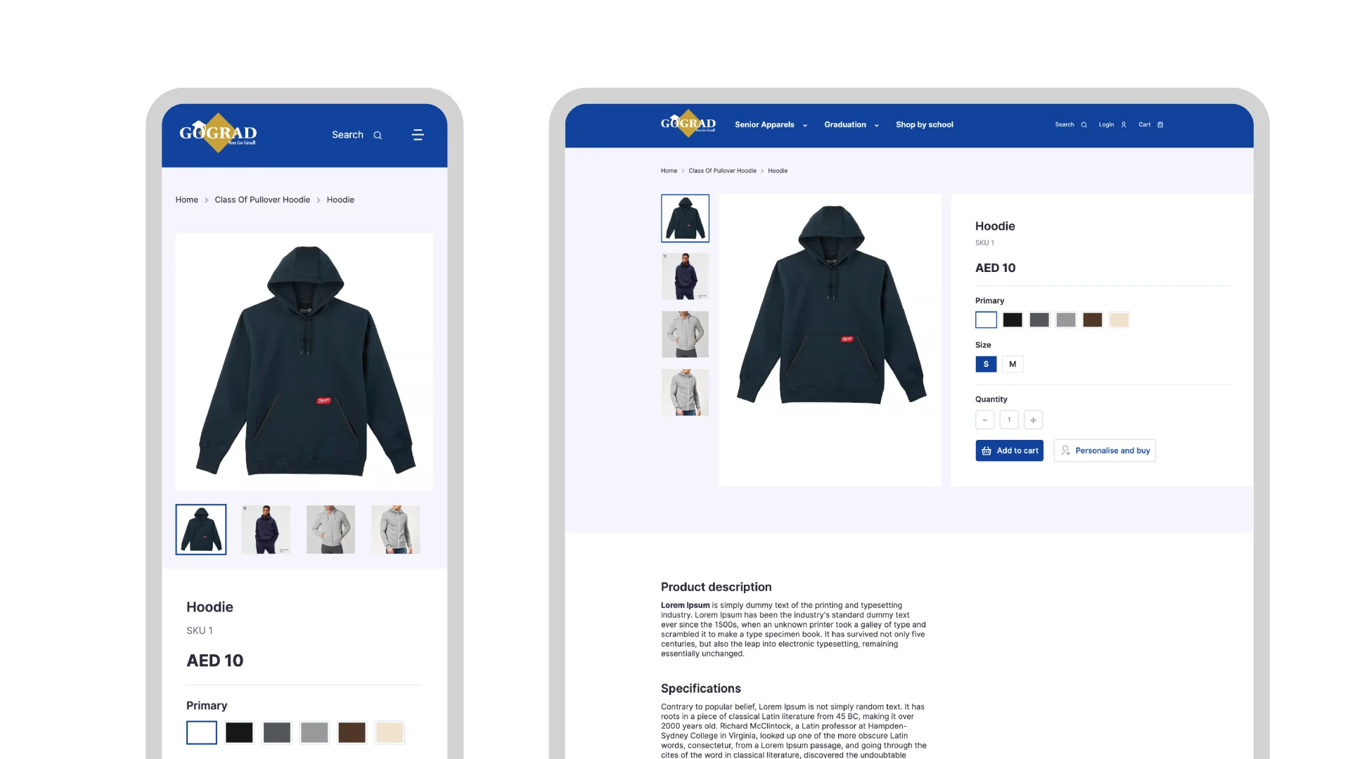 Online uniform customizer showing a hoodie with editable text and artwork options, color tools, and design layers panel.