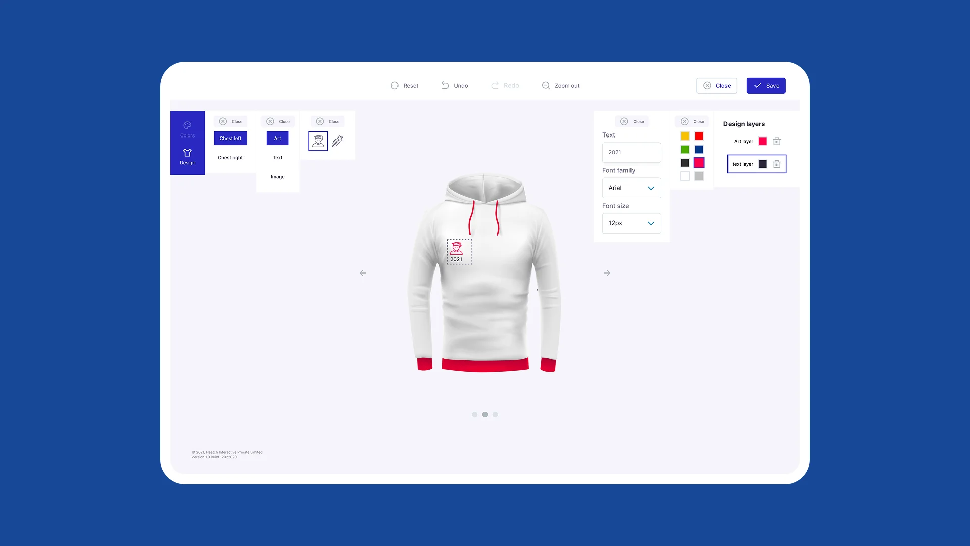 Online uniform customizer showing a hoodie with editable text and artwork options, color tools, and design layers panel.