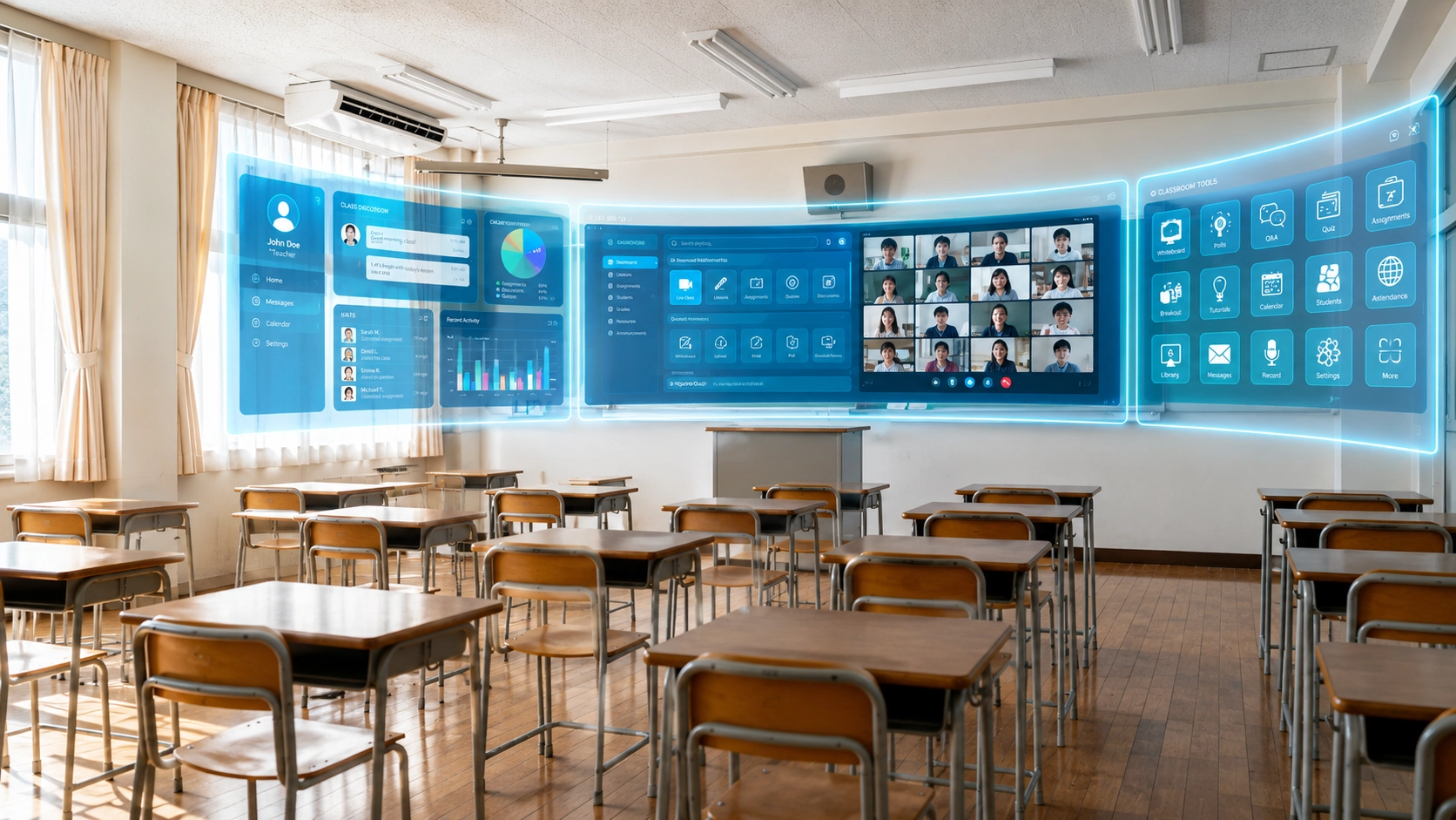 empty classroom transitioning to virtual screens.